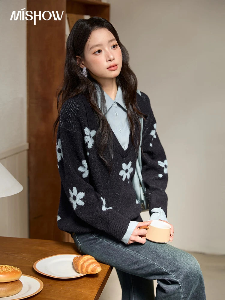 MISHOW Dark Blue Fake Two-piece Pullovers for Women 2025 Autumn Winter New Turn-down Collar Flower Pattern Sweater MXE51Z2554