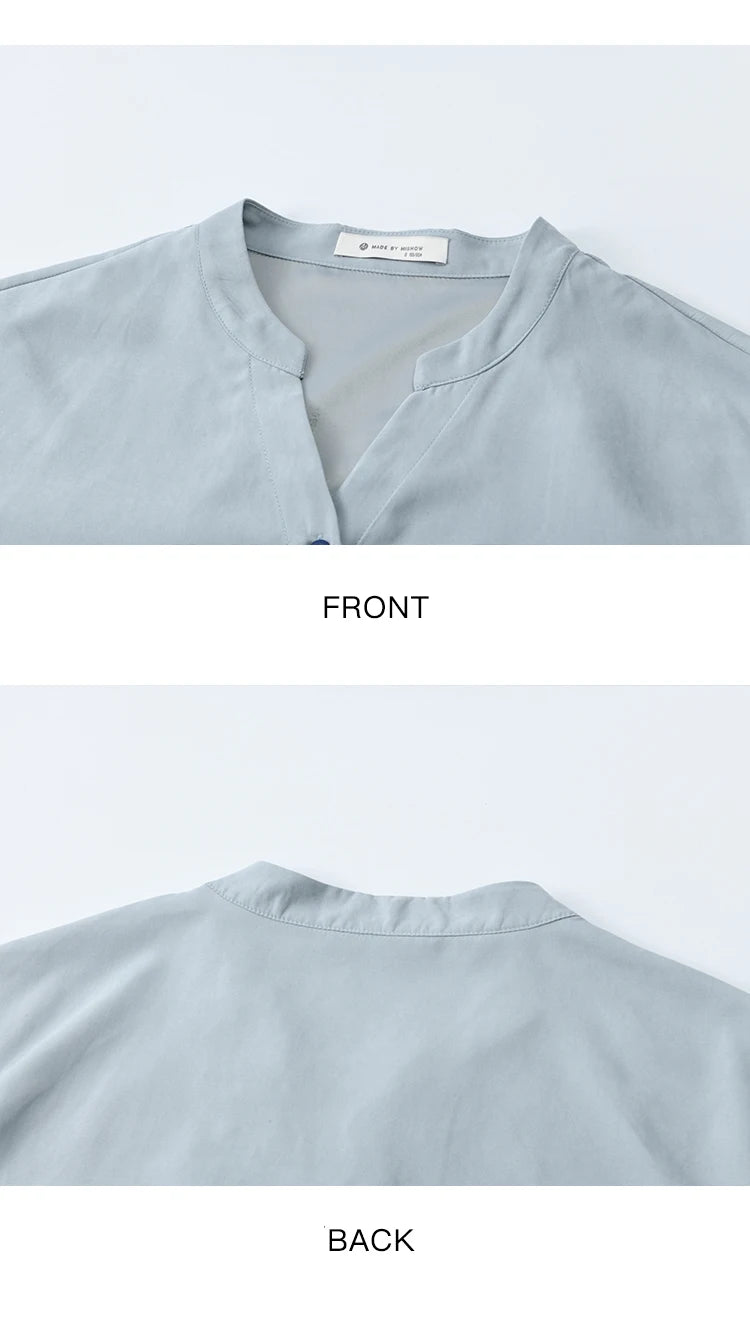 MISHOW Women's Haze Blue Peach Skin Velvet Shirt Autumn 2025 Contrast Color Design Waist Shirts Commute Versatile Top MXE47X2497