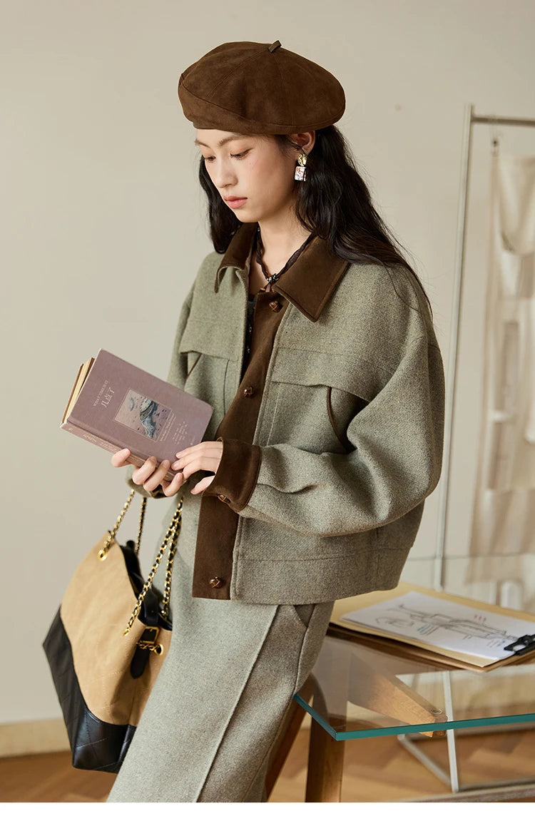 MISHOW Wool Woolen Coat for Women 2025 Autumn Contrasting Suede Patchwork Retro Short Top Lapel Loose Warm Coats MXE46W0844