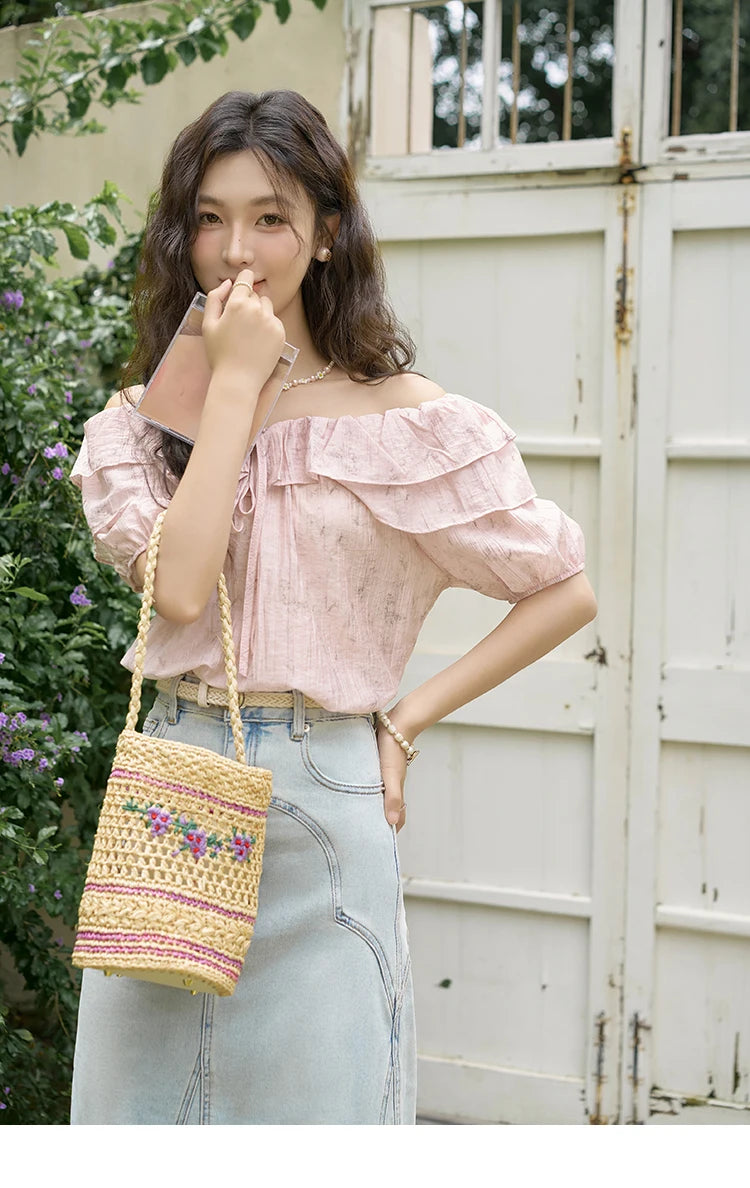 MISHOW French Retro Floral Short Sleeve Blouses Summer 2025 Loose One Line Shoulder Ruffled Edge Lace Up Sweet Top MXD25X1520