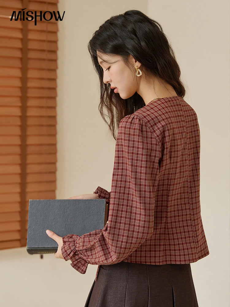 MISHOW Women's Red Tied Plaid Shirt 2025 Autumn New Arrival Sweet 3D Floral Turn-Down Collar Long-Sleeve Blouse Women MXE45X2481