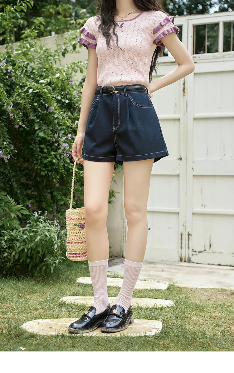 MISHOW 100 Cotton Pocket Embroidered Flower Denim Shorts for Women 2024 Summer Dark Blue Loose Casual Wide Leg Pants MXD26K0707