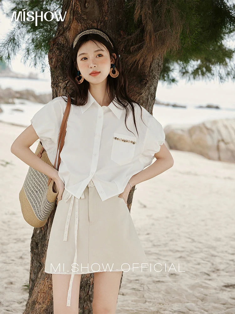 MISHOW Casual Summer Blouses Women 2025 New Short Puff Sleeve Turn Down Collar Shirt Female Fashion Shell Ribbon Tops MXE33C0773