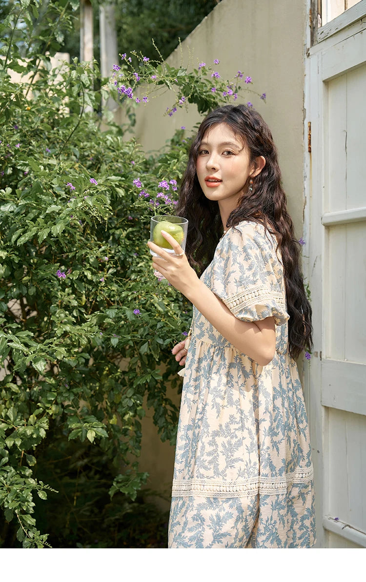 MISHOW French Floral Printing Dress for Women 2024 Summer Vacation U Neck Lace-up Bubble Sleeve Loose Doll Dresses MXD27L1898