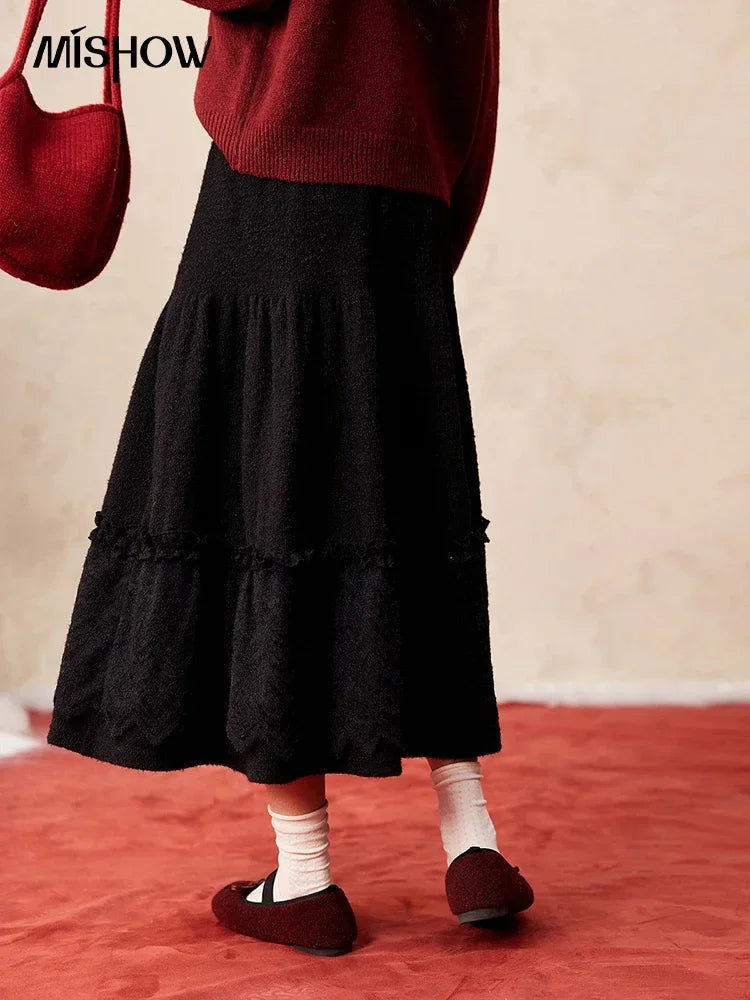 MISHOW Splicing Knitted Skirt For Women 2025 Spring New Korean Lace Loose Elegant Slim Temperament Pleated Long Skirt MXD59B0632