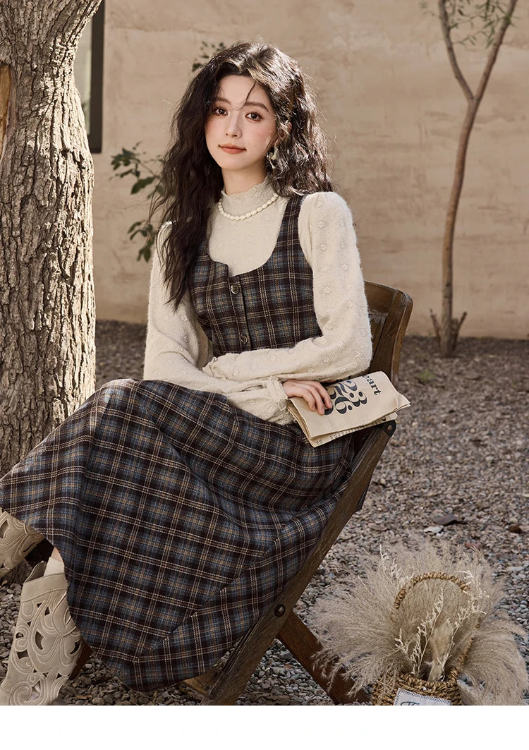 MISHOW Blue Plaid Vest Retro Skirt Separately Women 2024 Winter Retro Plaid Irregular Square Collar Top Midi Skirt MXD44W0454