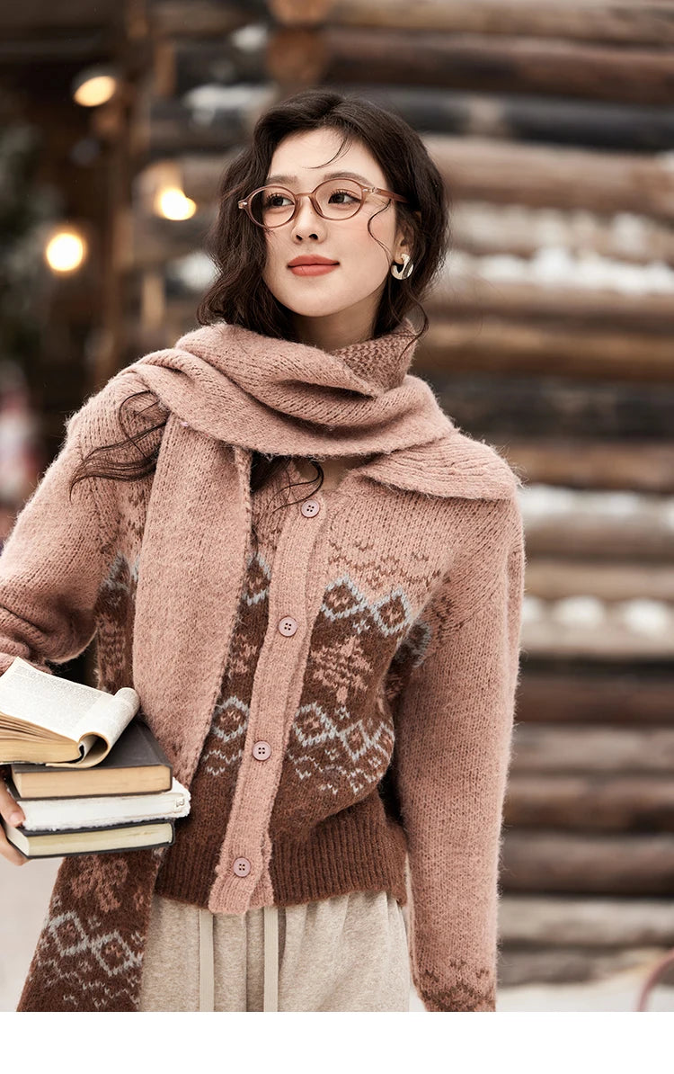 MISHOW Fair Isle Knitting Sweater Christmas Retro Cardigan Women Temperament Turn Down Collar Soft Warm Knitted Coat MXD58Z1036