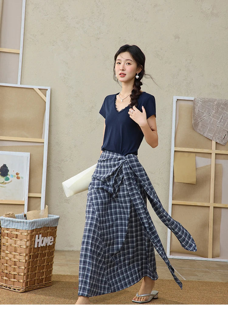 MISHOW Women's Short Sleeve T-shirt 2025 Summer Office Lady Fashion V-neck Spliced Lace Casual Tee Female Clothing  MXE36T0644