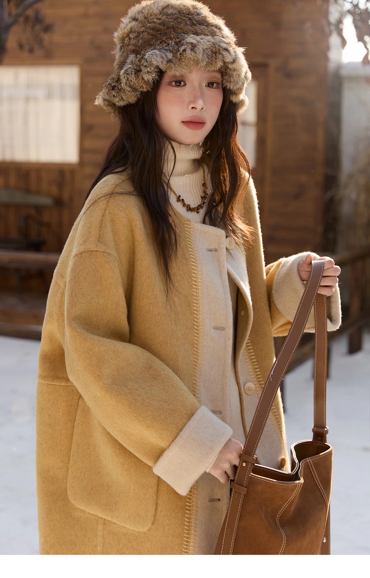 MISHOW Yellow Double-faced Wool Coat for Women 2025 Winter New Retro Contrast Color Slim Crew Neck Pockets Wool Coat MXE51W0915