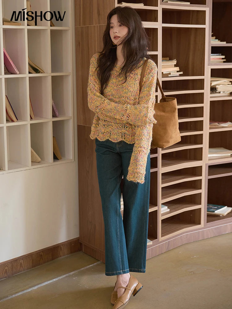 MISHOW Women's Retro Chic Knitted Top 2025 Autumn French Color Polka Dot Knitted Round Neck Curved Hem Thin Sweaters MXE43Z1343