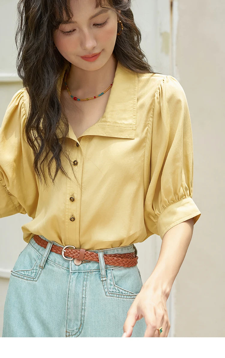 MISHOW Women's Short Sleeve Shirt Summer Thin Casual Simple Loose Elegant Blouses for Women 2024 Fashion Lapel Tops MXD28C0247