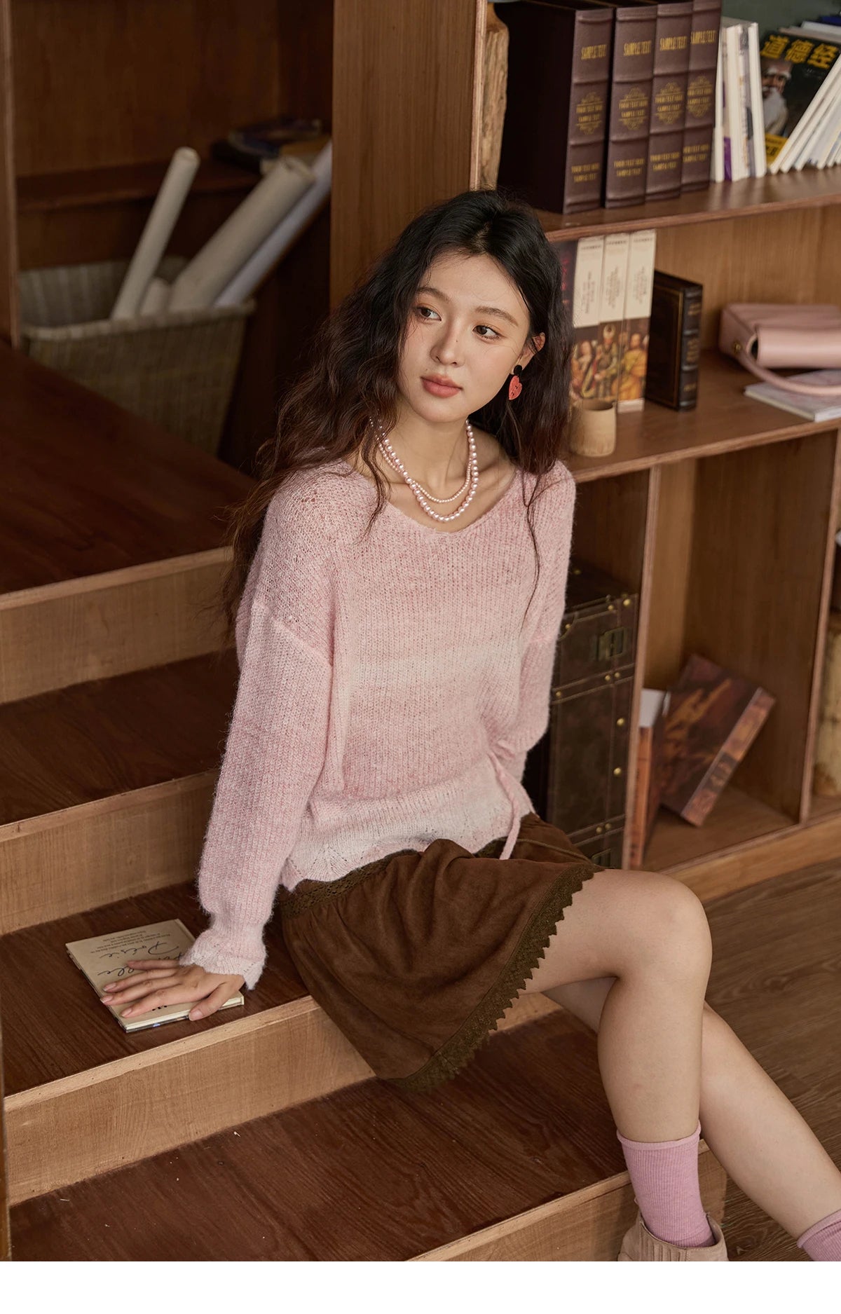 MISHOW Women's Pink Gradient Knitted Top 2025 Autumn French Wool Blend Ribbed Cuff Long Sleeve Tops with Knitted Rope MXE43Z1334