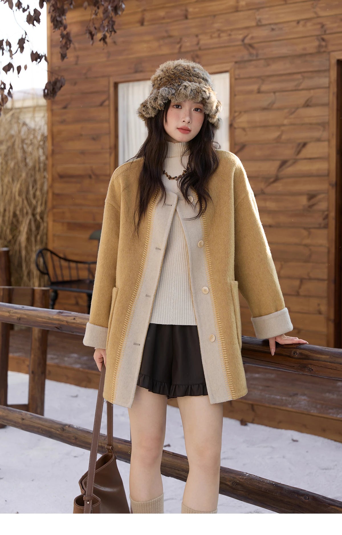 MISHOW Yellow Double-faced Wool Coat for Women 2025 Winter New Retro Contrast Color Slim Crew Neck Pockets Wool Coat MXE51W0915