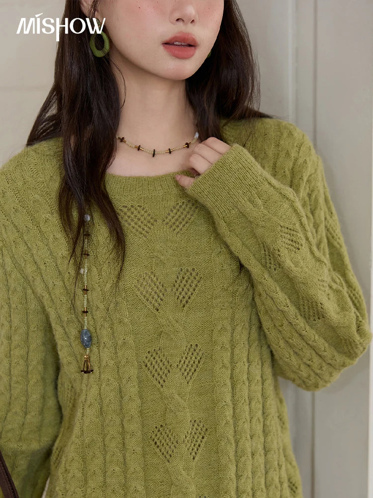 MISHOW  Sweater for Woman 2025 Autumn Winter Green Retro Twisted Rope Hollow Design Loose Knit Top Luxury Commuter MXE49Z2520