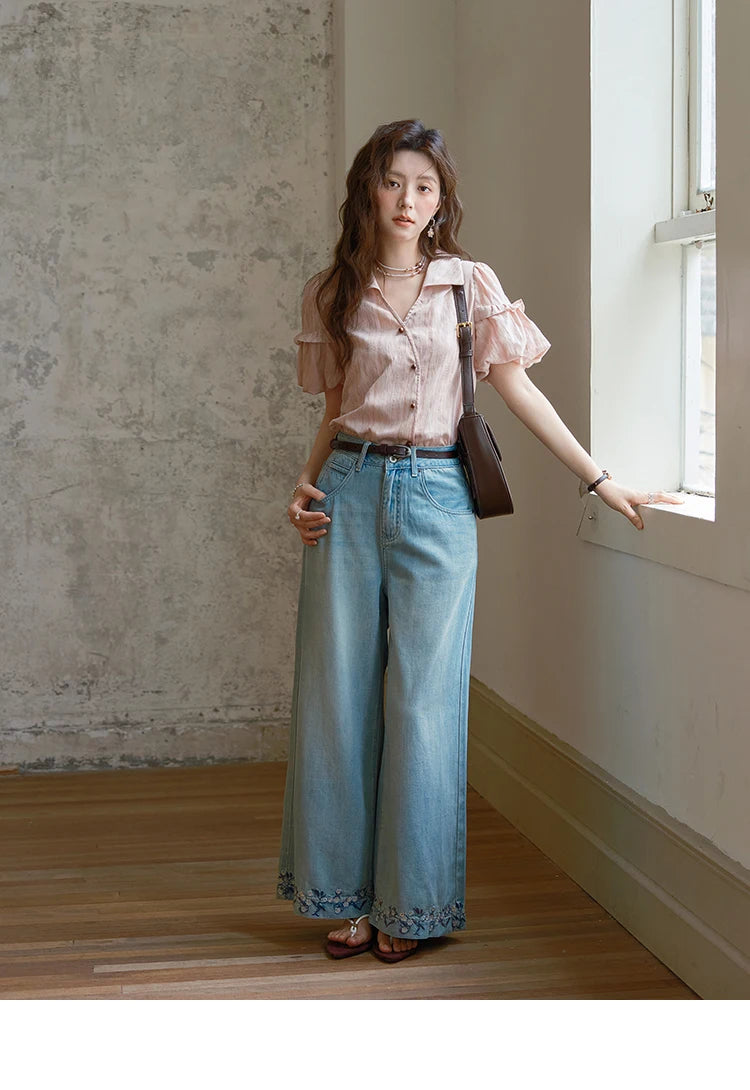 MISHOW Ladies Fashion Puff Sleeve Striped Shirt 2025 Summer New Commute Retro Turn-down Collar Top Women's Clothing MXE37C0808