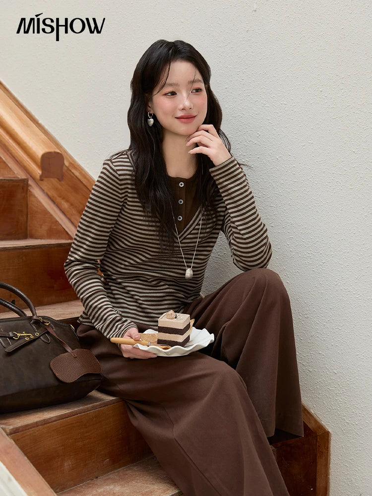 MISHOW Cotton Woman Long Sleeves Tee 2025 Autumn Winter Retro Fake Two-piece Striped Top Commute Knitted Top Ladies MXE51Z2555