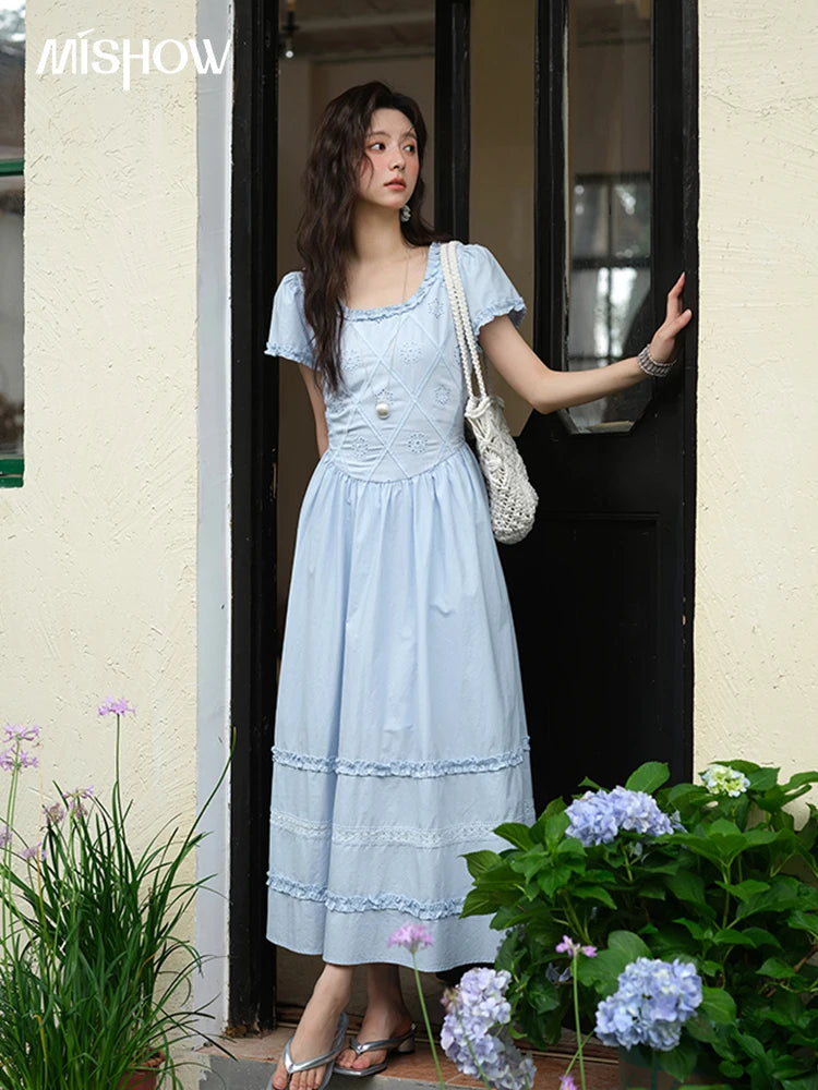 MISHOW Women Lace Mushroom Edge Dress 2025 Summer New Fashion Square Neck Puff Sleeve Blue Dresses Women's Clothing MXE38L2348