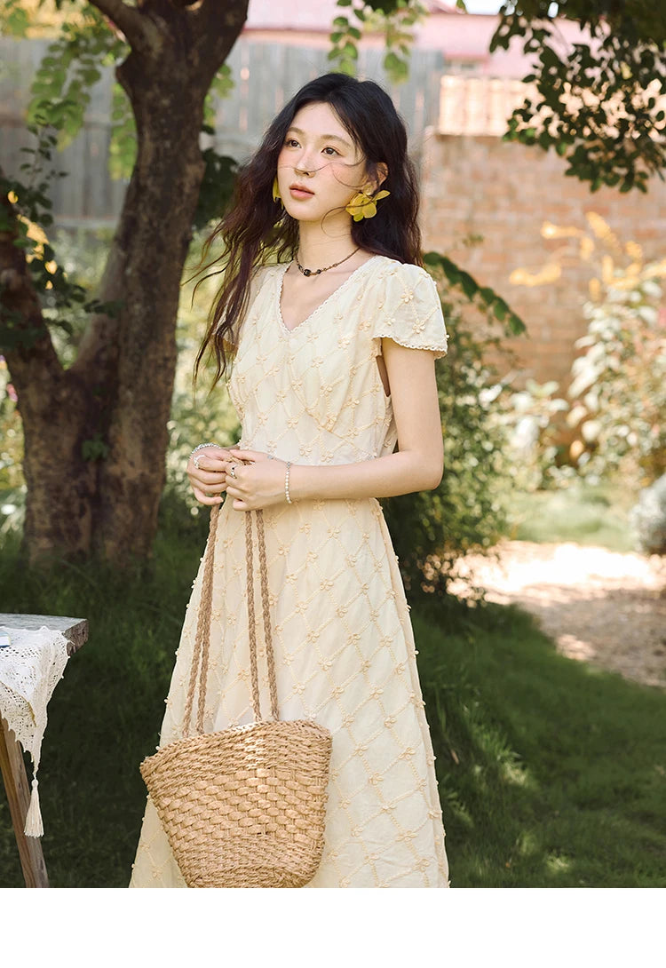 MISHOW Women's V-neck Lace Spliced Dress 2025 Summer New Embroidery Vacation French Style Jacquard Mid-Length Dresses MXE38L2378