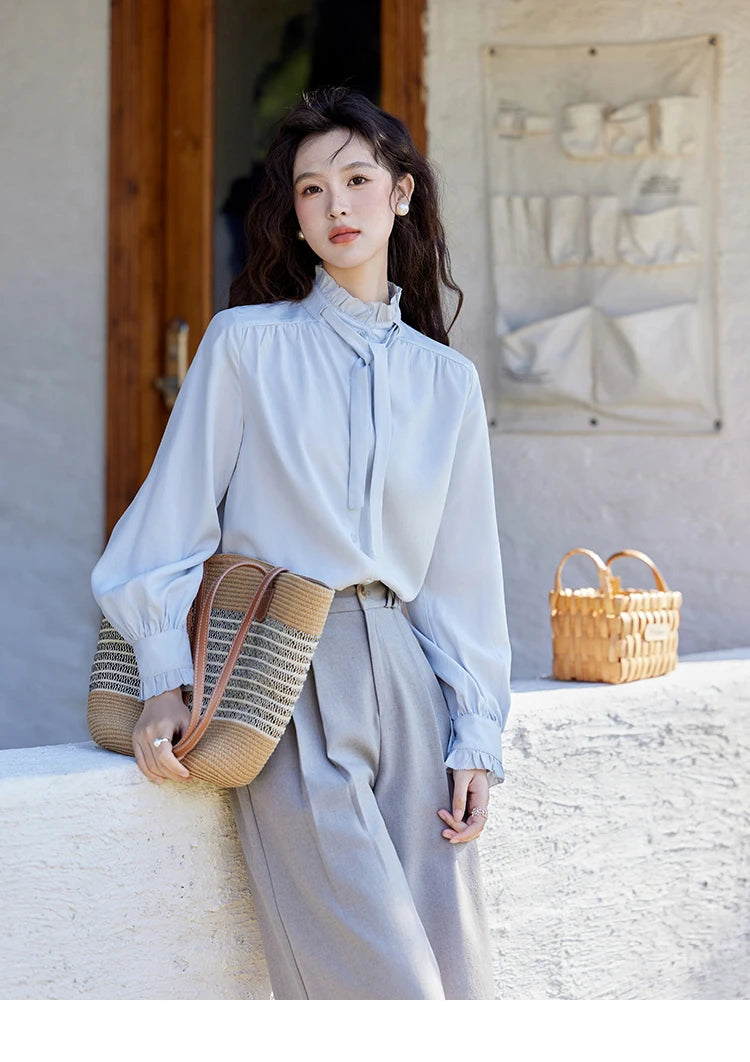 MISHOW French Ribbon Stringy Selvedge Neck Shirt for Women Spring 2025 Slim 100 Lyocell Shirts Solid Commuter Tops MXE13C0383