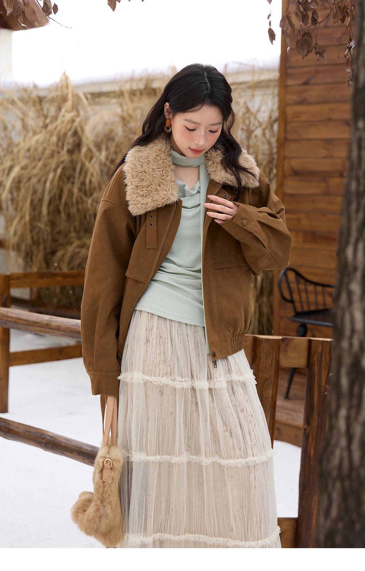 MISHOW Brown Suede Jacket for Women 2025 Winter New Detachable Fur Collar Coat commute Long Sleeve Zipper Jacket MXE51W0876