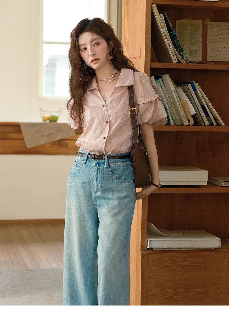 MISHOW Ladies Fashion Puff Sleeve Striped Shirt 2025 Summer New Commute Retro Turn-down Collar Top Women's Clothing MXE37C0808