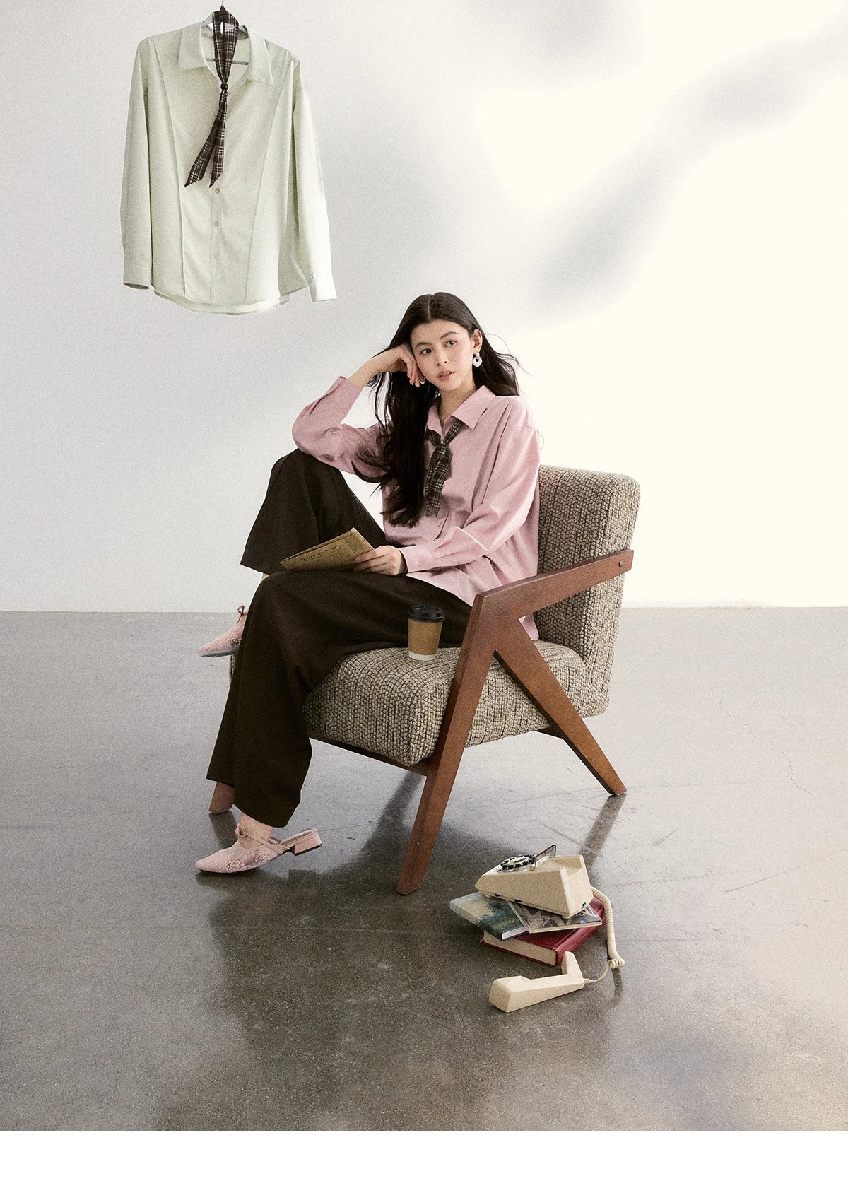 MISHOW Women's Casual Loose Shirt with Plaid Scarf 2026 Spring Lapel Tops Versatile Long Sleeve Shirts Office Lady MXF108C0815