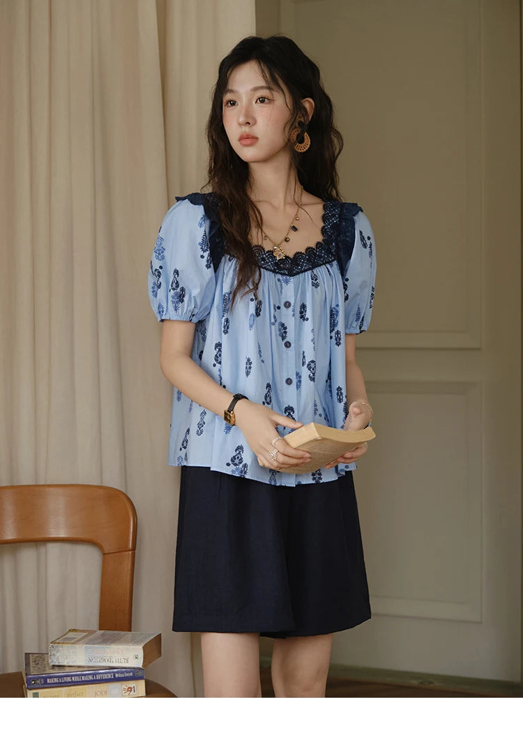 MISHOW Fashion Print Cotton Shirt for Women 2025 Summer New Puff Sleeve Lace Splicing Retro Blue Casual Button Top MXE35X1842