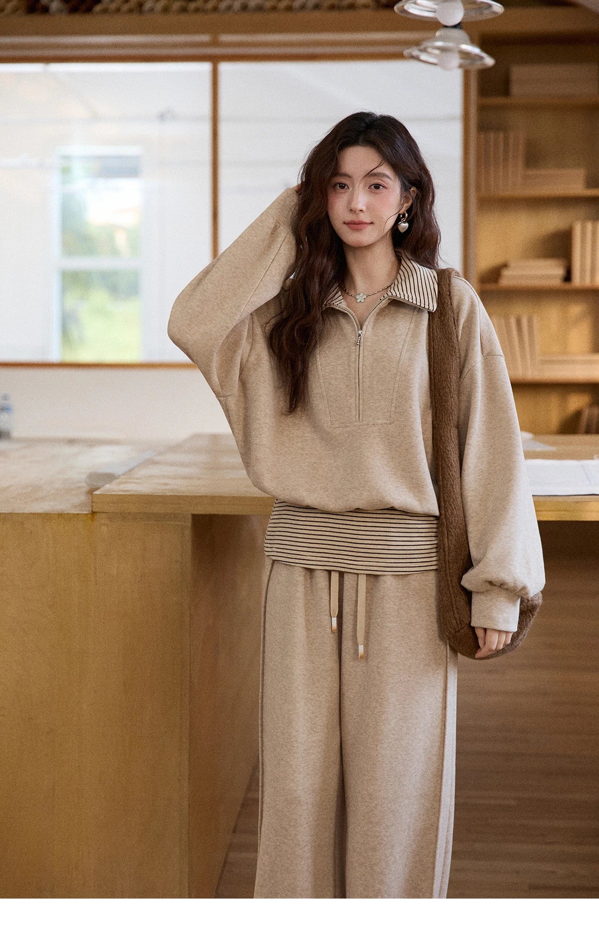 MISHOW Woman Pants Set 2025 Winter Casual Retro Sweatshirt Set Striped Lapel Half-Zip Sweatshirt Wide Leg Pants MXE87T1425