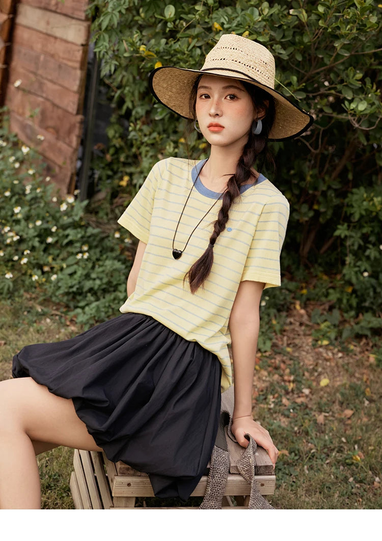 MISHOW Striped Knitted T-shirt for Women Summer 2025 Color Contrasting Round Neck Tees Wool Blended Slim Casual Top MXE35Z1270