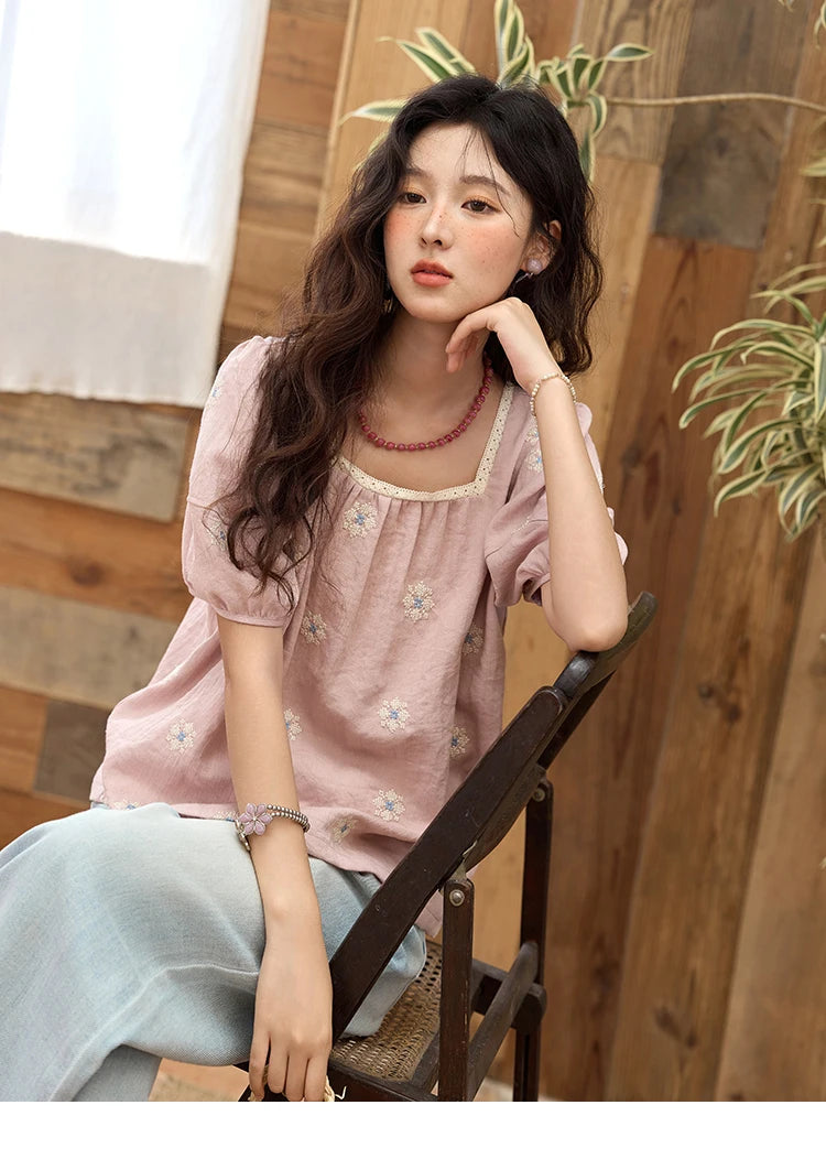 MISHOW Pink Embroidered Linen Floral Blouse for Summer 2025 A-line Square Collar Blouses Lace Patchwork Loose Tops MXE35X1834