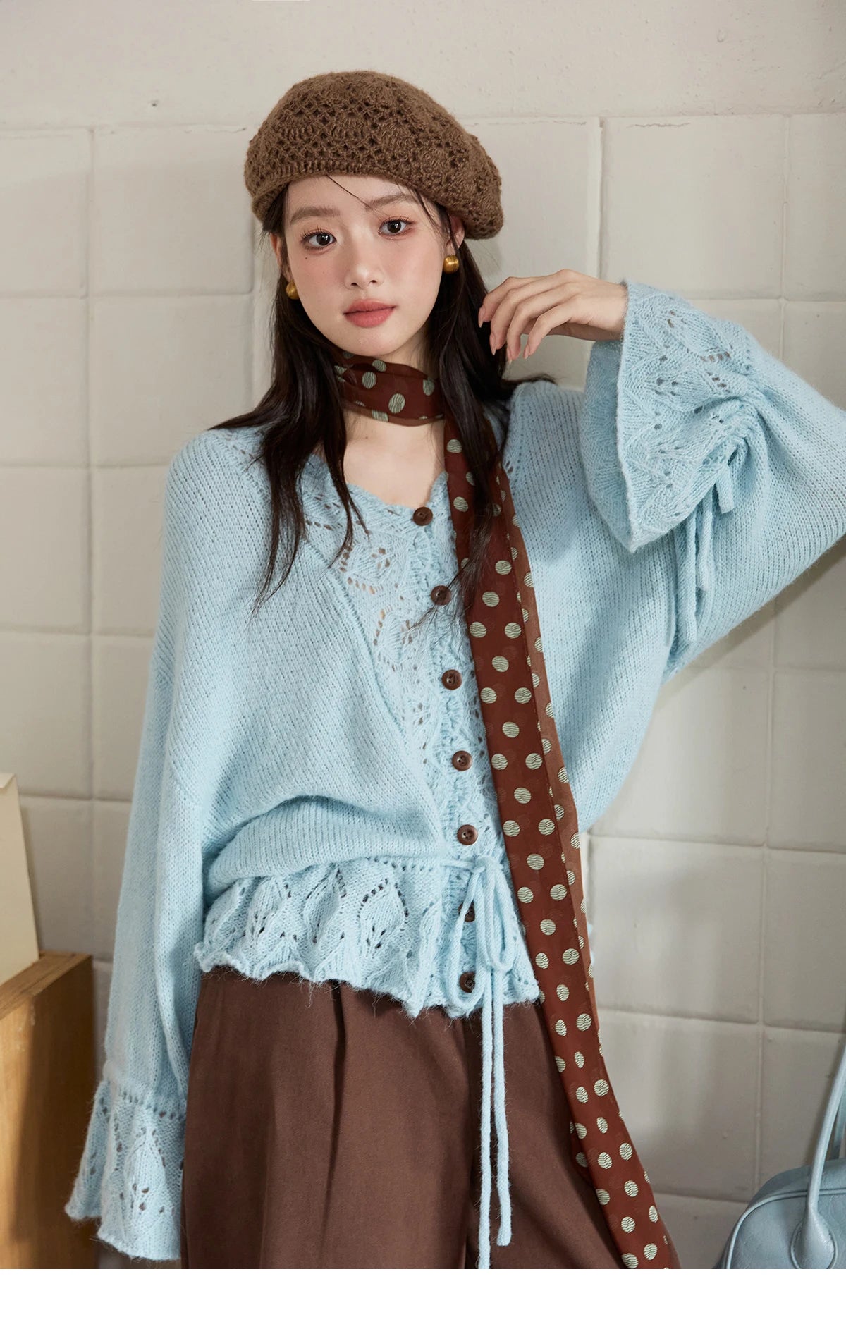 MISHOW Elegant Cardigan Women 2025 Autumn Design Hollow Knit Sweater V-neck Flared Sleeves Loose Casual Sweater MXE47Z2513