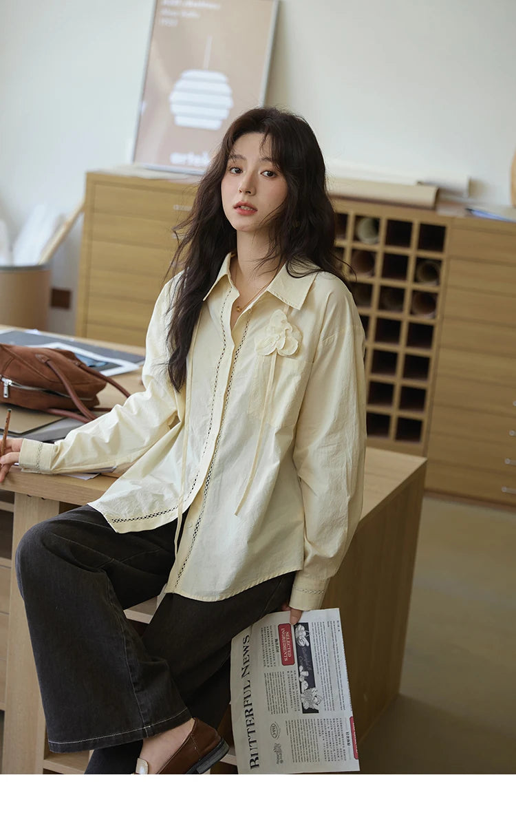 MISHOW 100% Cotton Shirt For Women Autumn 2025 New Fashion Petal Ribbon Button Long Sleeves Shirt Women's Clothing MXE41C2349