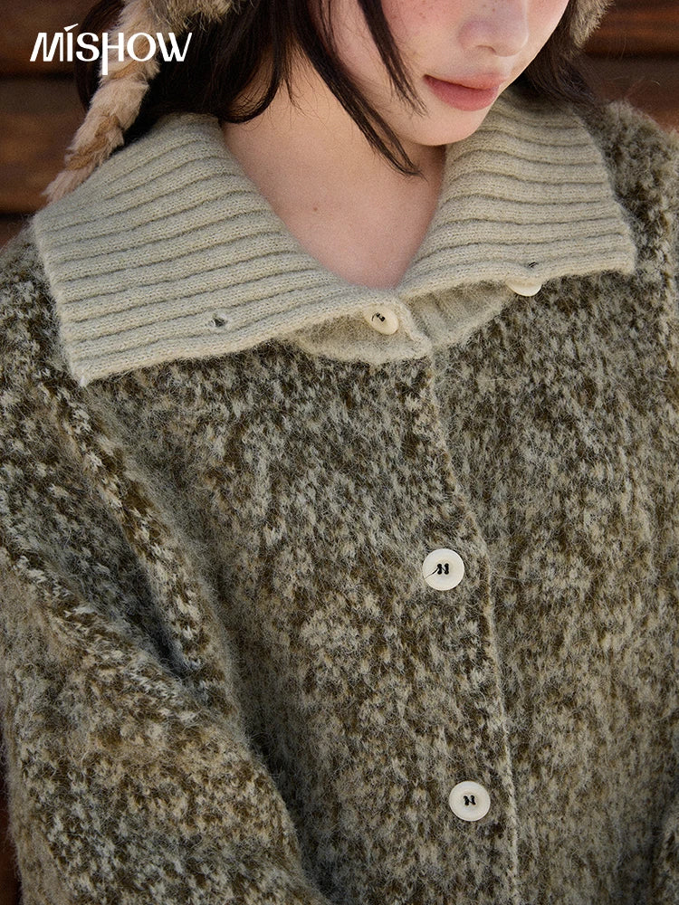 MISHOW Women's Green Retro Mottled Sweater Winter 2025 Casual Stand-up Collar Batwing Sleeves Knitted Cardigan tops MXE90Z2787