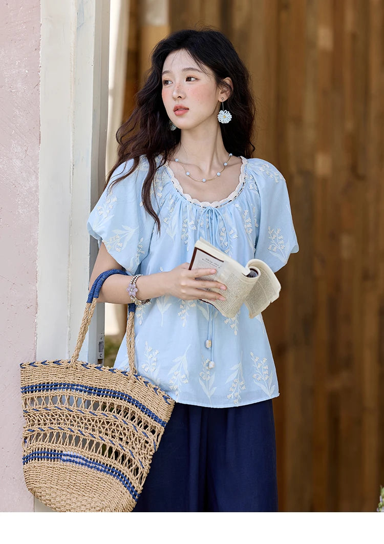 MISHOW Blue Pure Cotton Embroidered Blouses 2025 Summer Wave Edged O-neck Tops Contrasting Lace Up Loose Doll Blouses MXE35X1791