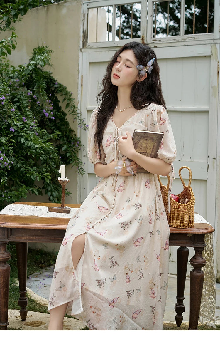 MISHOW Butterfly Printing Dress for Women 2025 Summer Luxury Elegant V-neck Lace-up Bubble Sleeves Slim Long Dress MXD15L1778
