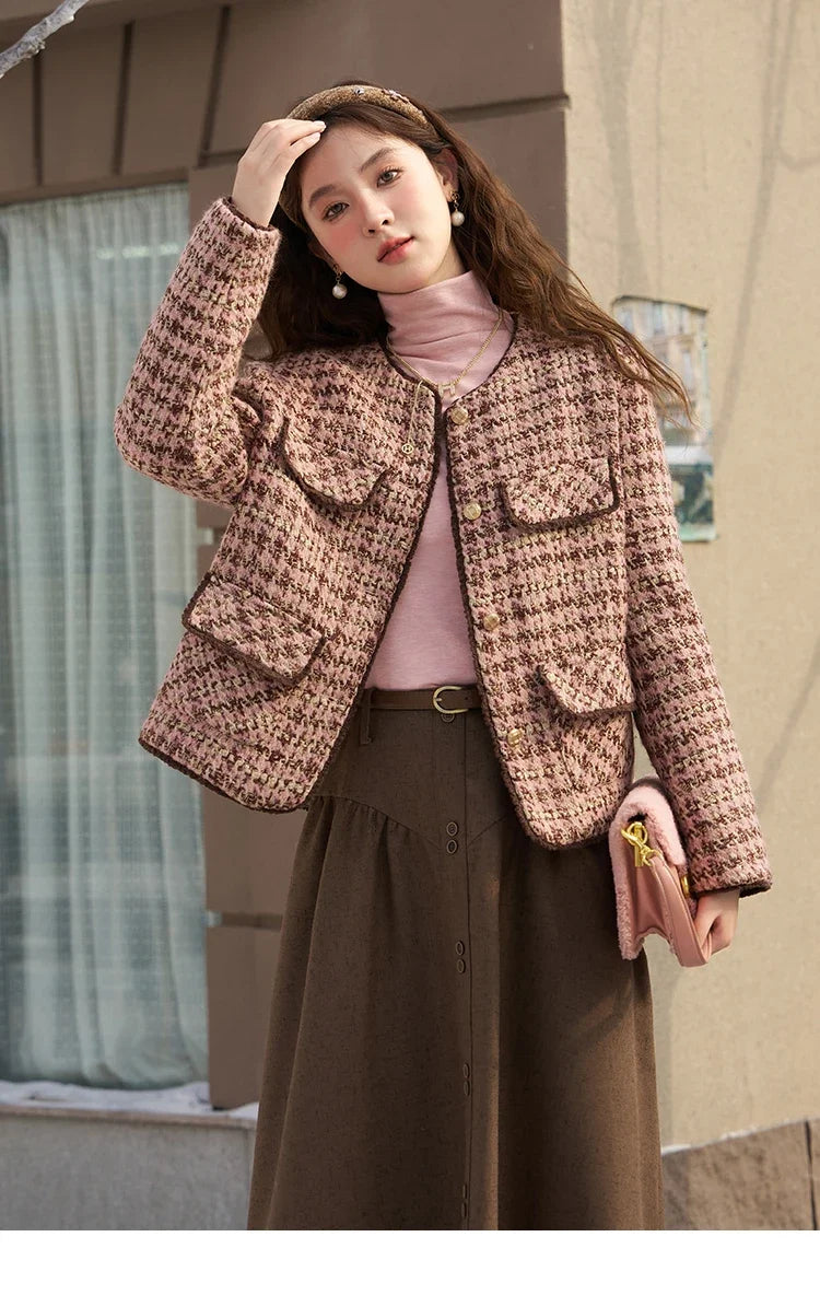 MISHOW Tweed Jacket for Women Luxury 2025 Winter Wool Blend Thick Coat High Quality Fashion Crew Neck Outerwear Top MXC57Y0021