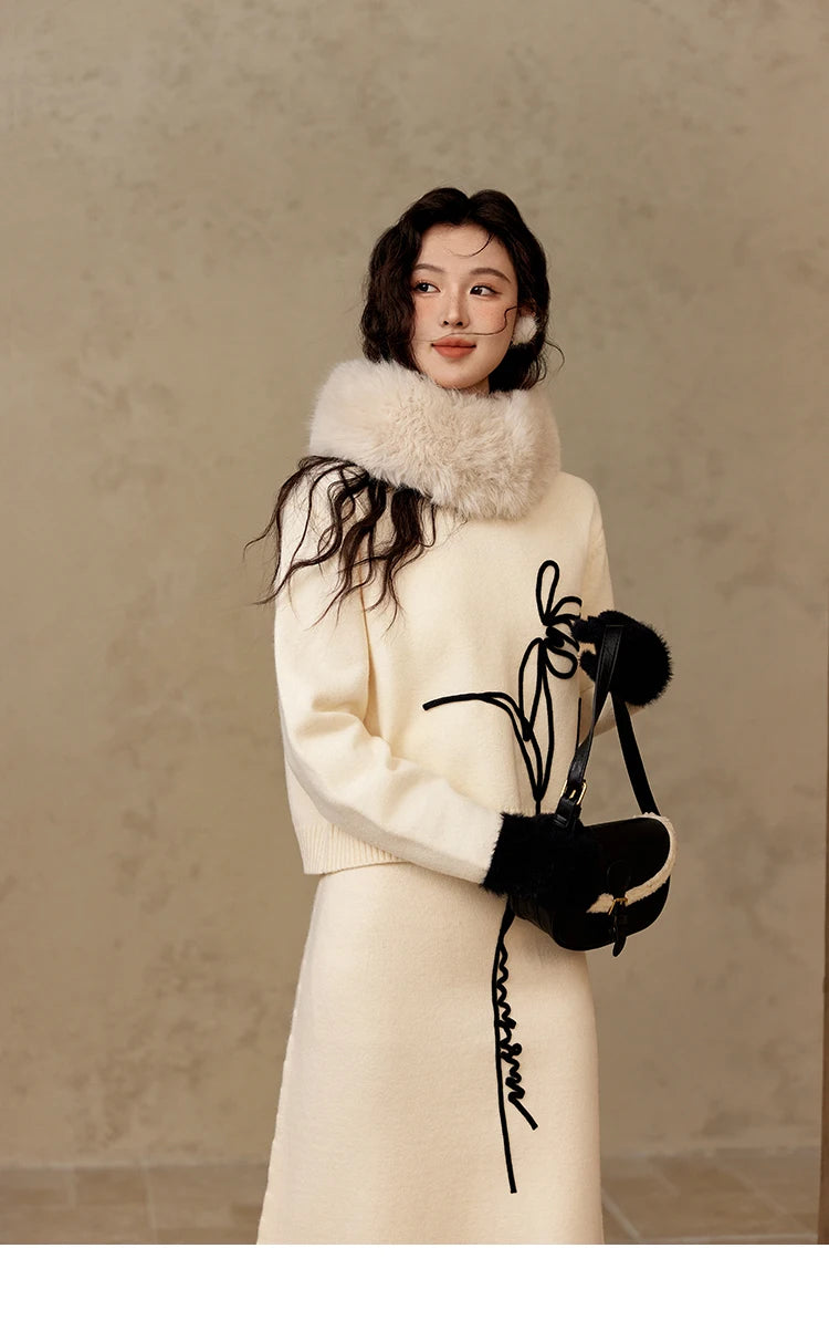 MISHOW French Skirt Sets Embroidery Spliced Contrast Color Two Piece Sets Women High Waist Midi Skirt Knitted Tops MXD57T0463