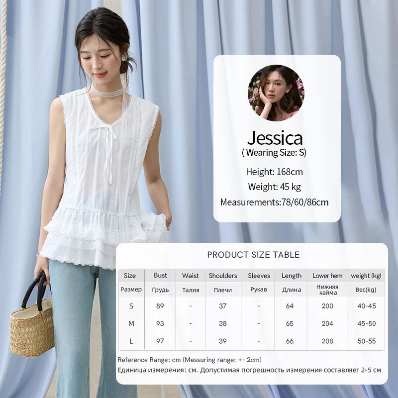 MISHOW Versatile Summer Vest Women 2025 New Solid V-neck Lace Cake Hem Sleeveless Vests Female Fashion Straight Tops MXE31X1779