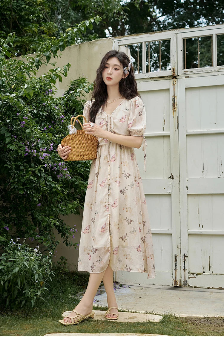 MISHOW Butterfly Printing Dress for Women 2025 Summer Luxury Elegant V-neck Lace-up Bubble Sleeves Slim Long Dress MXD15L1778