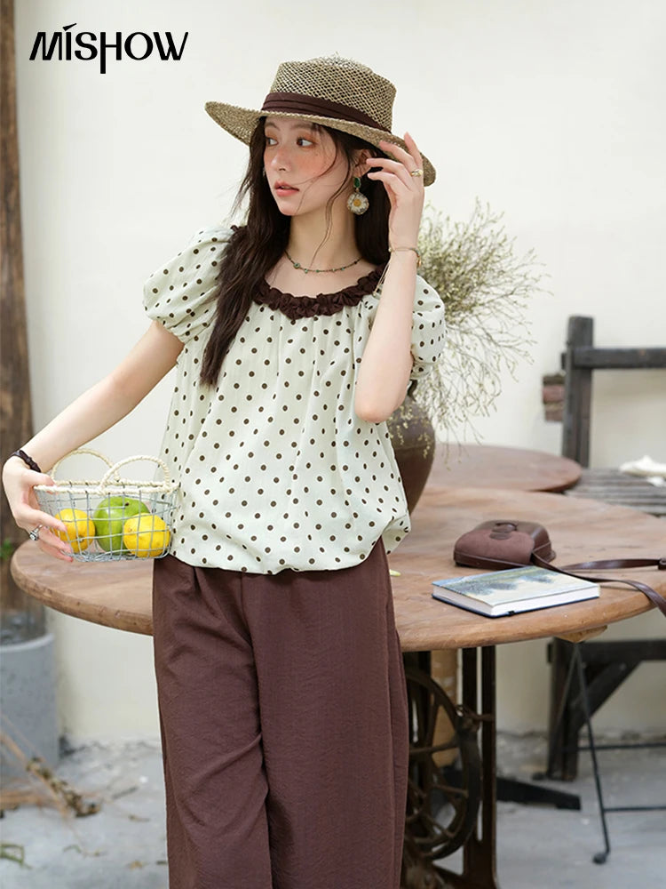 MISHOW 2025 Summer Women's Two Piece Set Polka Dot Puff Sleeve Top Casual Pocket Wide Leg Pants Set Female Clothing MXE39T0657