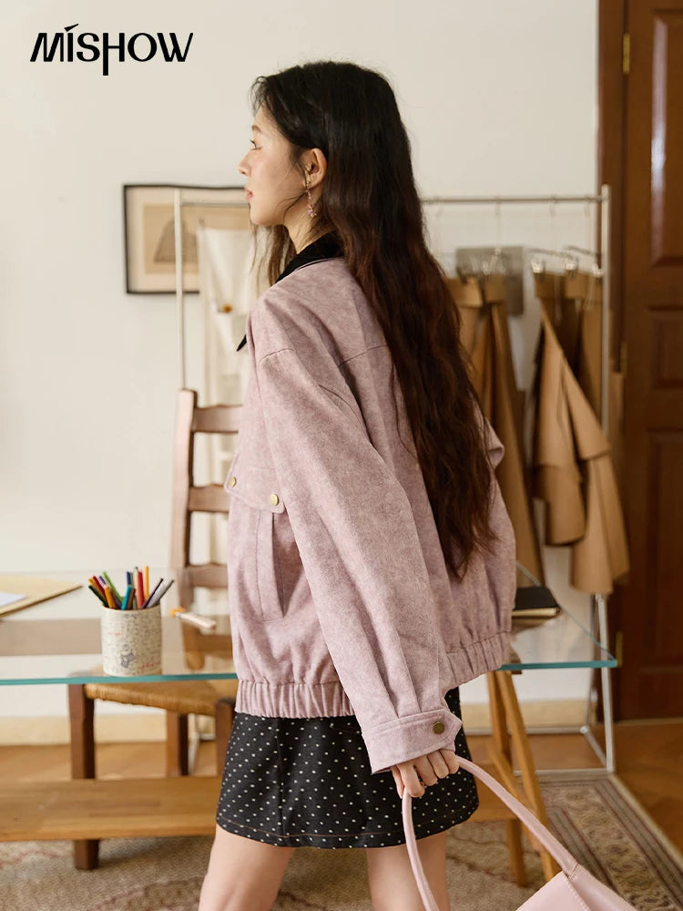 MISHOW Pink Purple Collision Black Lapel Jacket for Women Autumn Suede Metal Zipper Top Retro Loose Elastic Hem Coats MXE46W0865