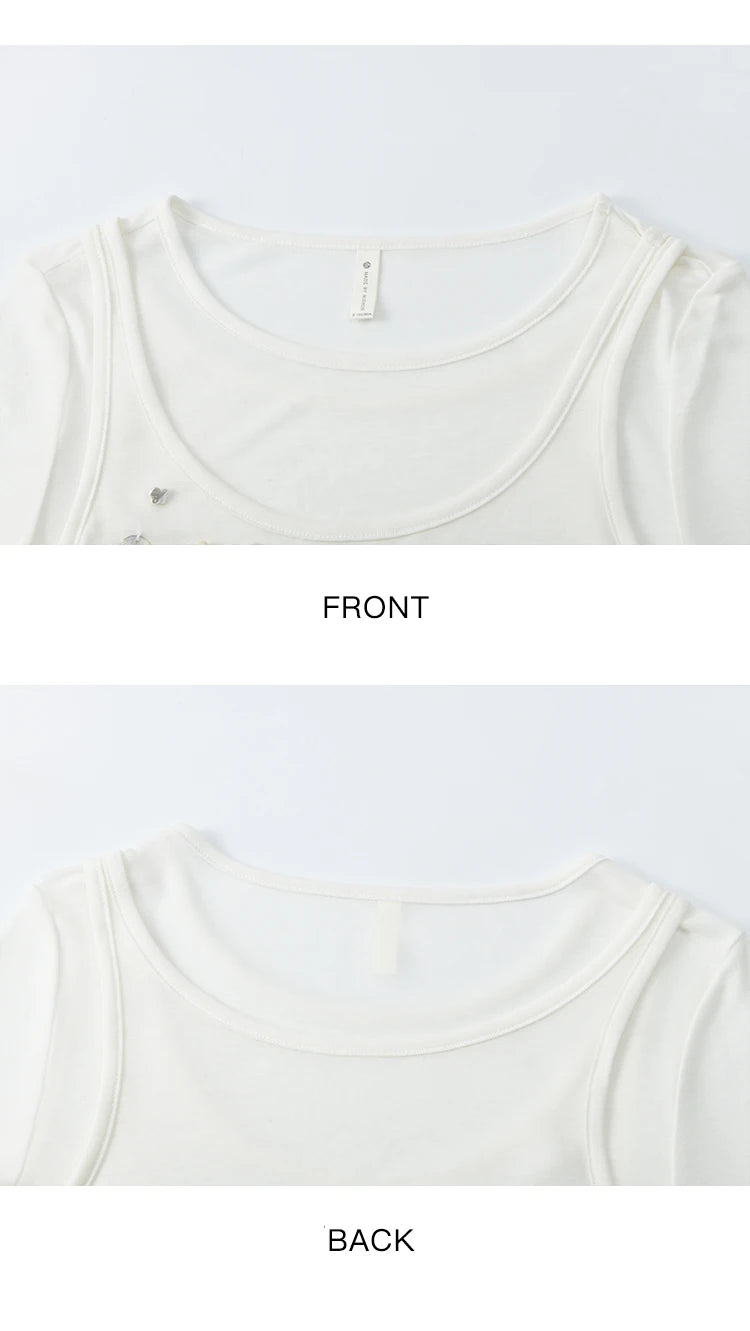 MISHOW White Fake Two Piece Bead Embroidered T-shirt for Women 2025 100 Cotton Tees Round Neck Knitted Breathable Top MXE35T0566