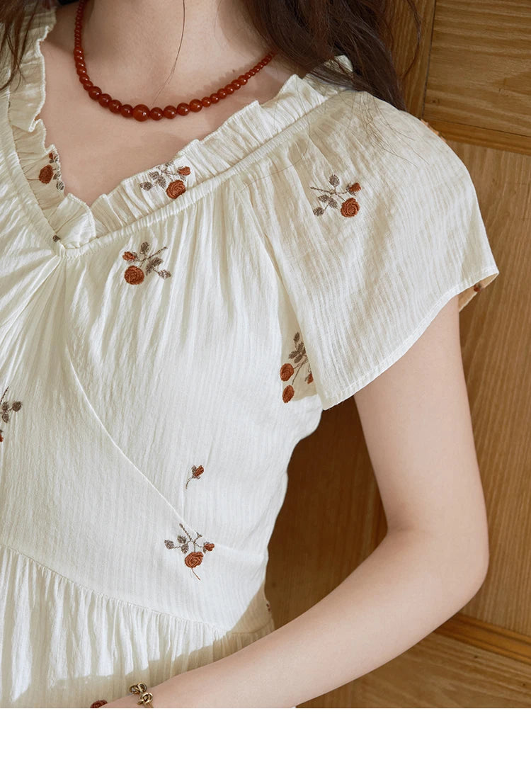 MISHOW Women's V-neck Chiffon Embroidery Dress 2025 Summer New Fashion Lace Splicing Print Dresses Women's Clothing MXE39L2382