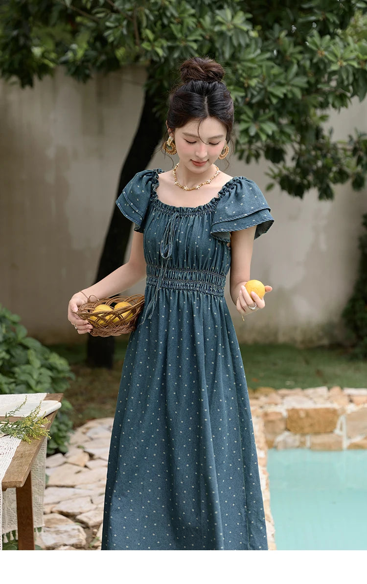 MISHOW Lace Up Flying Sleeve Polka Dot Dress Summer 2024 High Waist Pleated Long Dresses Square Neck Denim Dress MXD30L2022