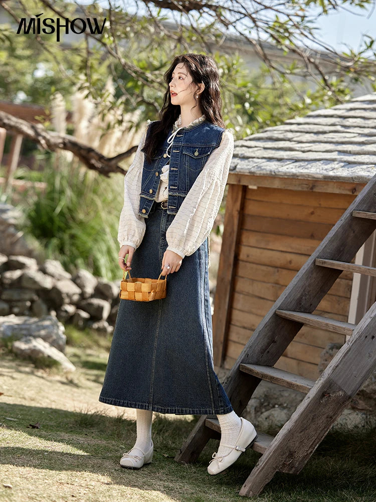 MISHOW Office Lady Spring Vest Female New Sleeveless Round Neck Raw Edge Denim Vests Women Fashion Retro Coat Woman MXE12W0710