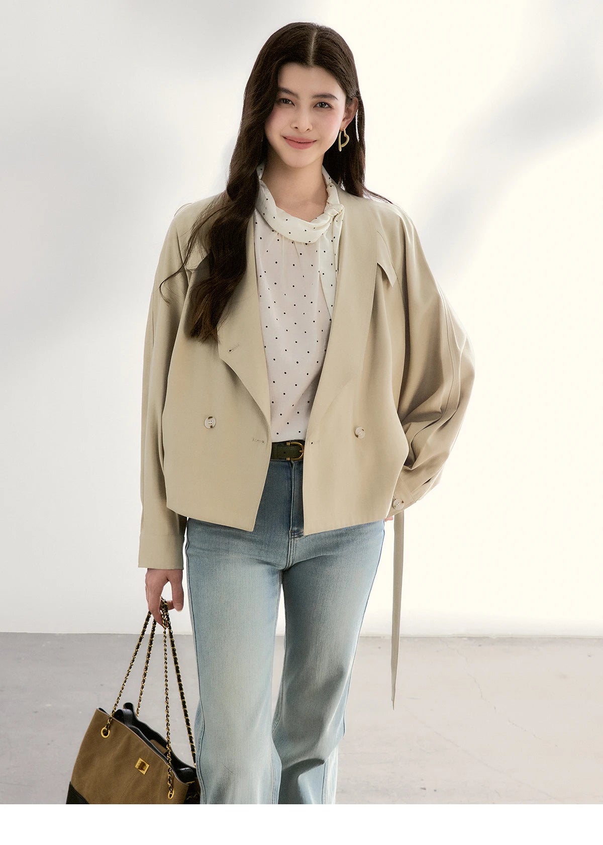 MISHOW Women's Khaki Belted Waist Coat 2026 Spring Lapel Double-breasted Coats female Casual Short Jacket Office Lady MXF13W1056