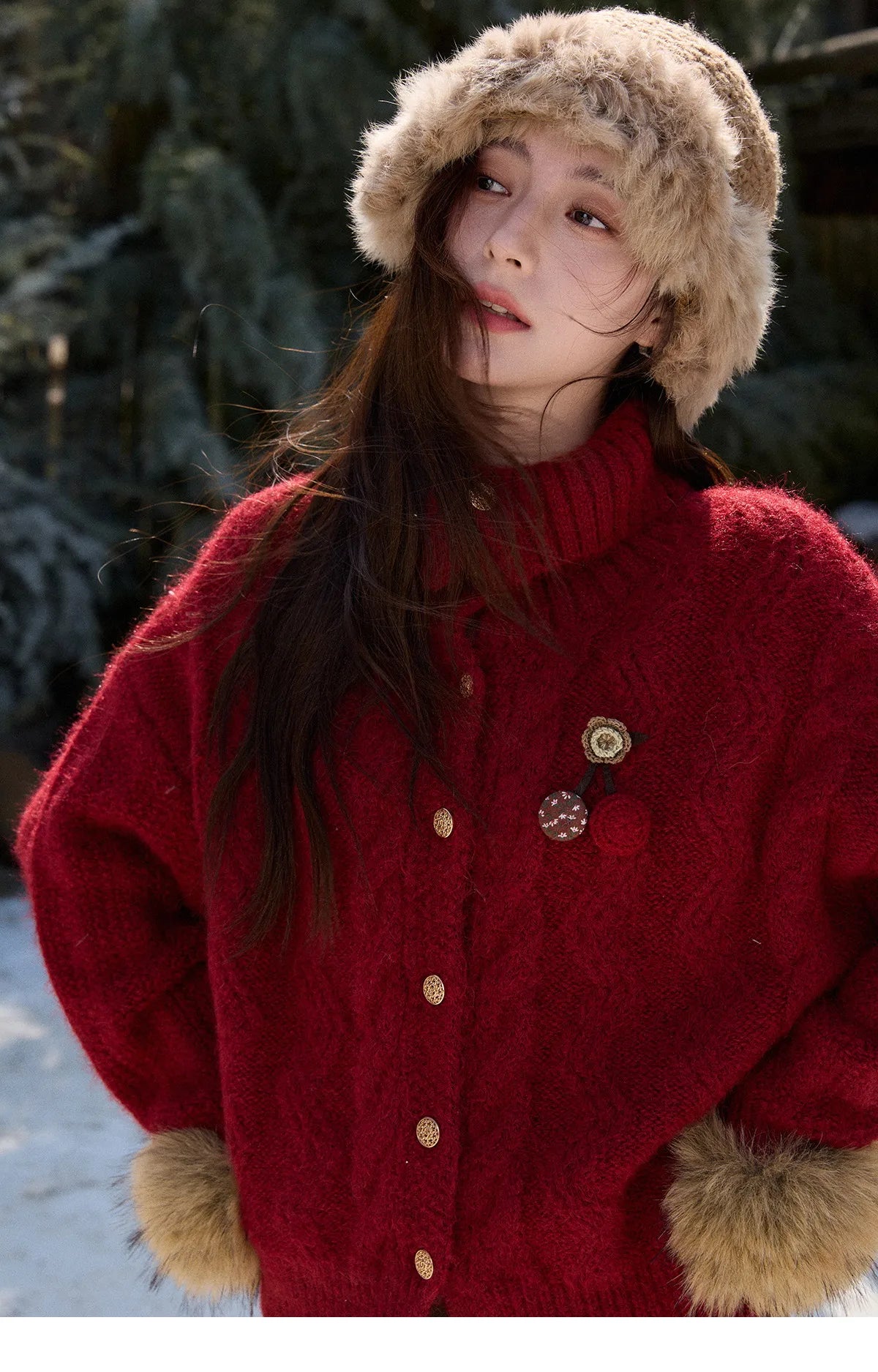 MISHOW Women's Red Knitted Cardigan Autumn Winter Cable Knitted Stand Collar Single-breasted Warm Loose Outerwear MXE92Z2827