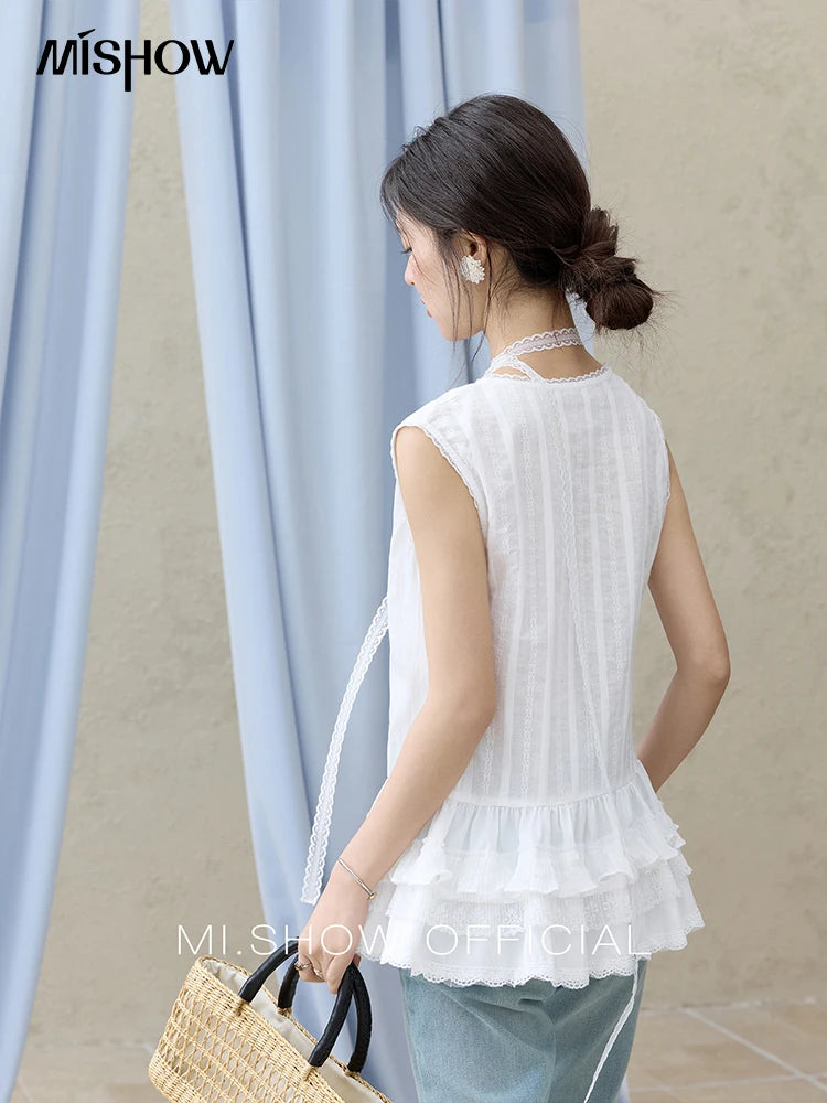 MISHOW Versatile Summer Vest Women 2025 New Solid V-neck Lace Cake Hem Sleeveless Vests Female Fashion Straight Tops MXE31X1779