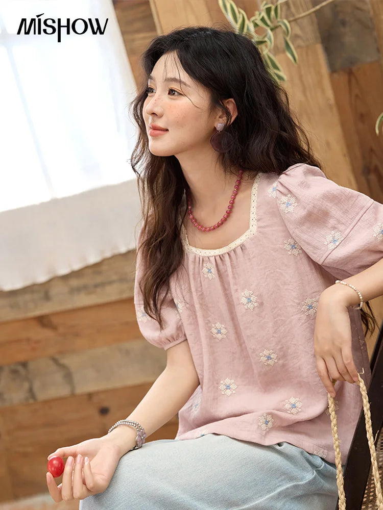 MISHOW Pink Embroidered Linen Floral Blouse for Summer 2025 A-line Square Collar Blouses Lace Patchwork Loose Tops MXE35X1834