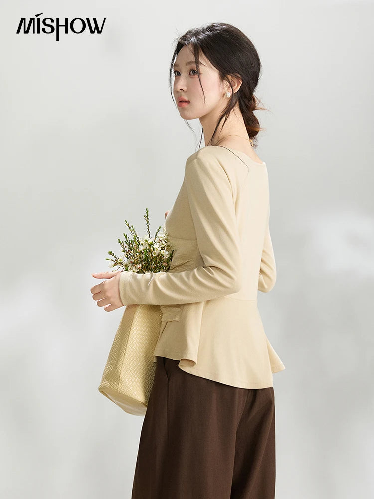 MISHOW Women's Asymmetric Lace Patchwork Tops 2026 Spring V Neck Long Sleeve Top Ruched Waist Ruffled Hem Casual Tees MXF11Z2942